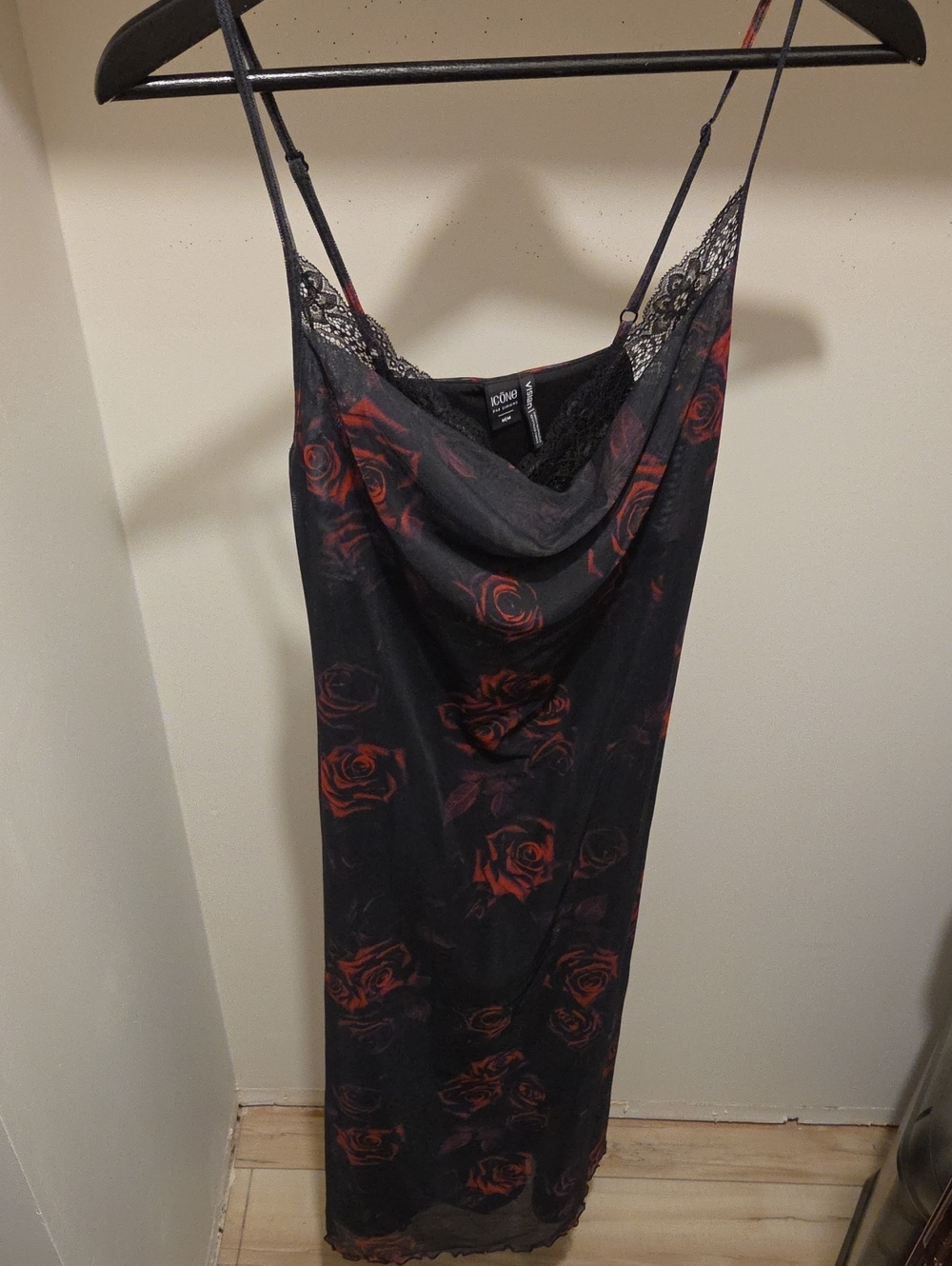 Black Slip Dress with Red Rose Motif